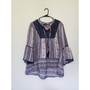 Lee Womens L Blouse 3/4 Sleeve Blue Tie V Neck Western Floral Lace Boho Sheer